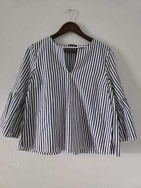Navy and White Striped V-Notch Bell Sleeve Blouse
